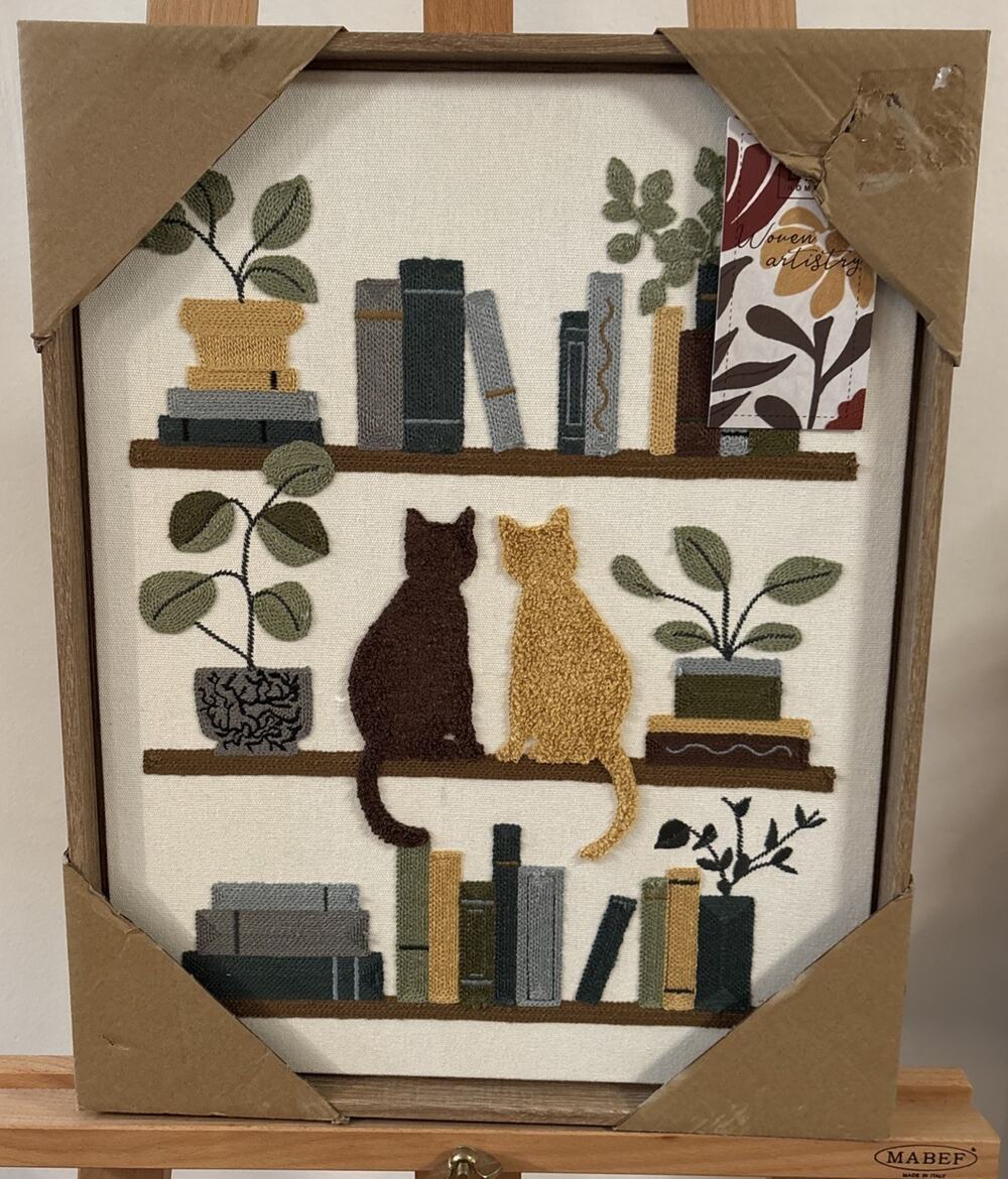 New BP HOME Woven Artistry Book Lover Cats On Bookshelf Embroidered Art 18”x 15”